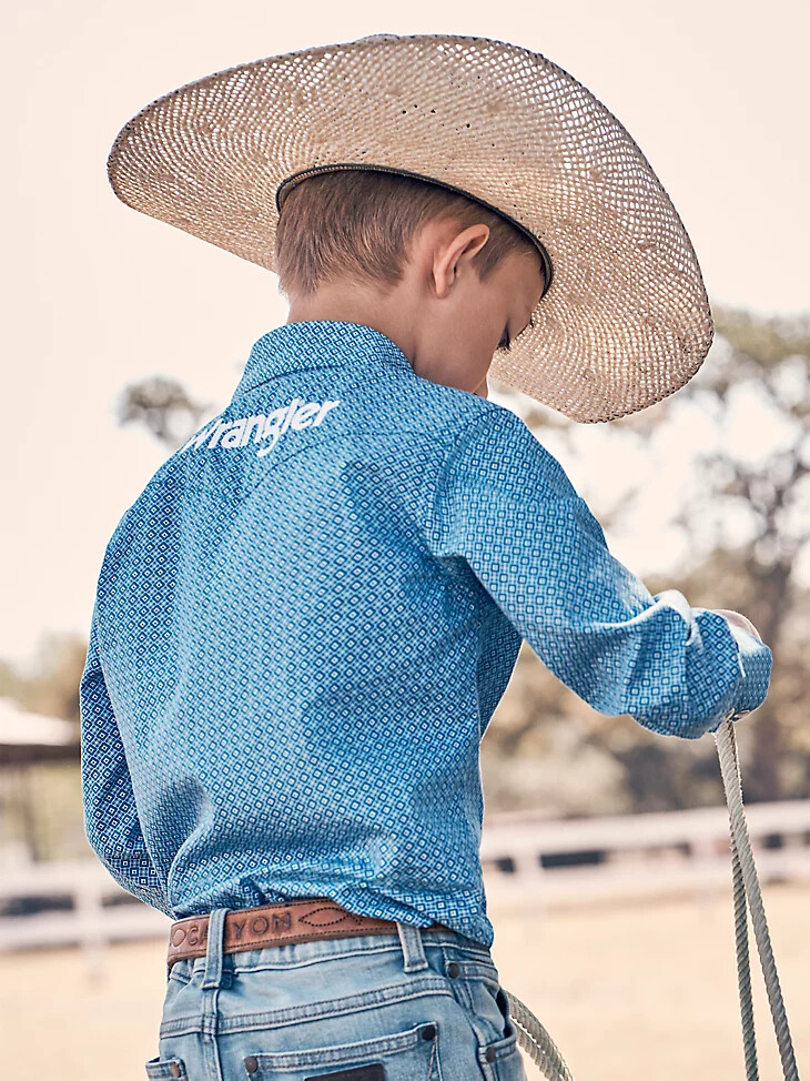 camicia da ragazzo a maniche lunghe con logo wrangler e bottoni a pressione western colore ceruleo