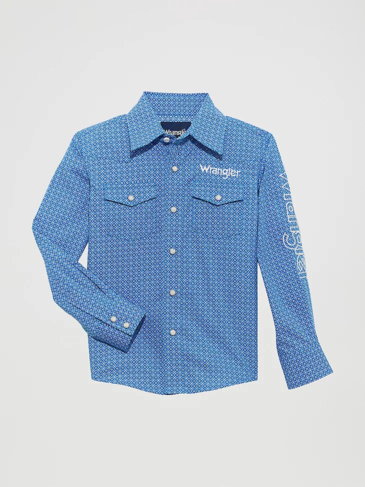 camicia da ragazzo a maniche lunghe con logo wrangler e bottoni a pressione western colore ceruleo