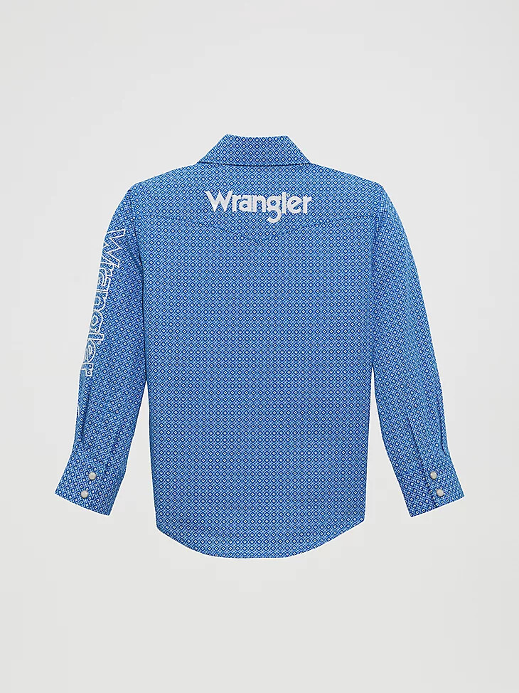 camicia da ragazzo a maniche lunghe con logo wrangler e bottoni a pressione western colore ceruleo