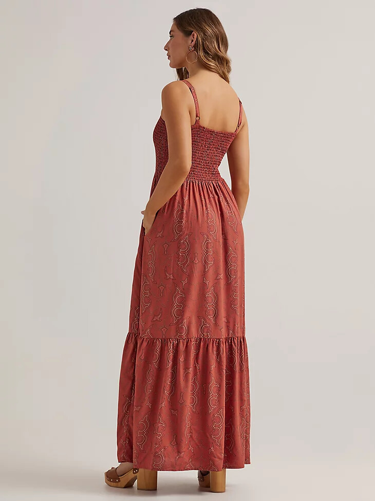 abito lungo da donna con corpino arricciato color ruggine