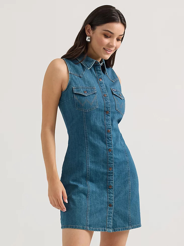 abito camicia da donna wrangler senza maniche western con bottoni automatici lavaggio scuro