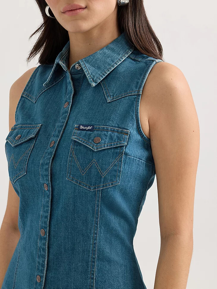 abito camicia da donna wrangler senza maniche western con bottoni automatici lavaggio scuro