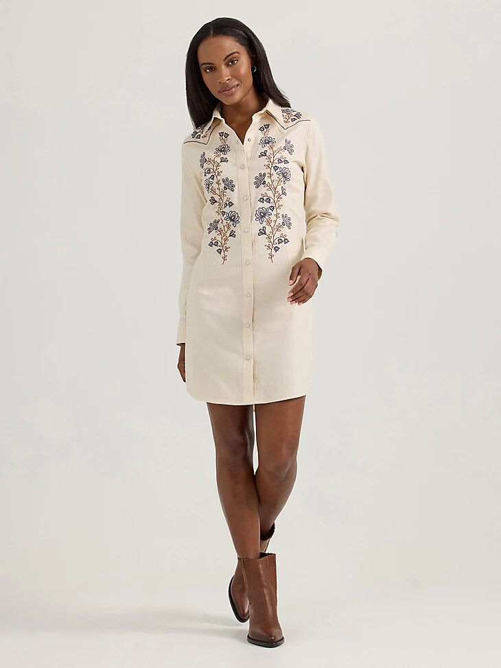 abito camicia western con bottoni automatici e fiori di campo ricamati da donna white swan