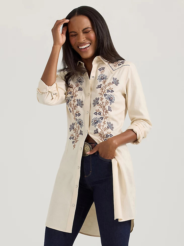 abito camicia western con bottoni automatici e fiori di campo ricamati da donna white swan