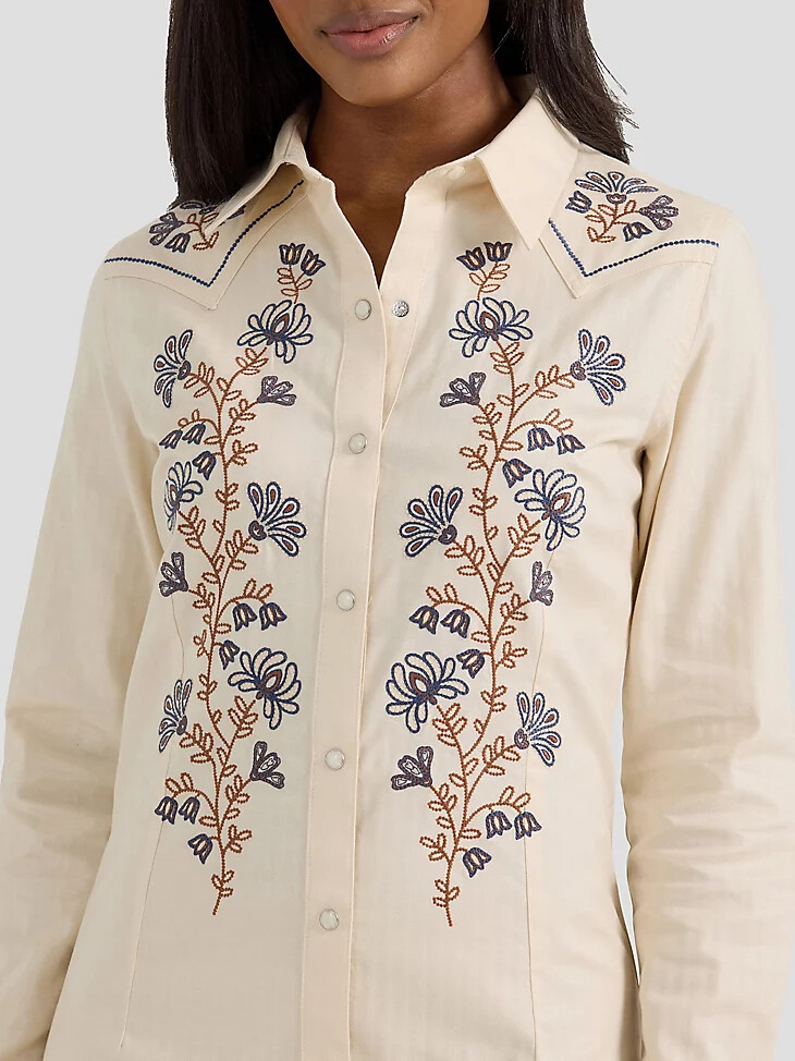 abito camicia western con bottoni automatici e fiori di campo ricamati da donna white swan