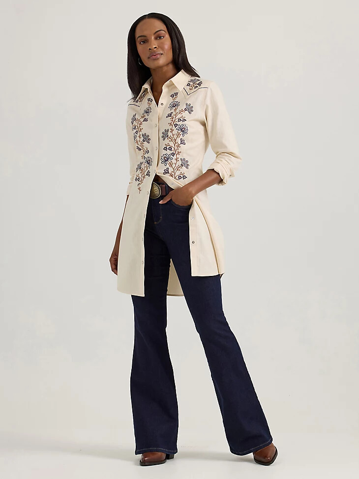 abito camicia western con bottoni automatici e fiori di campo ricamati da donna white swan