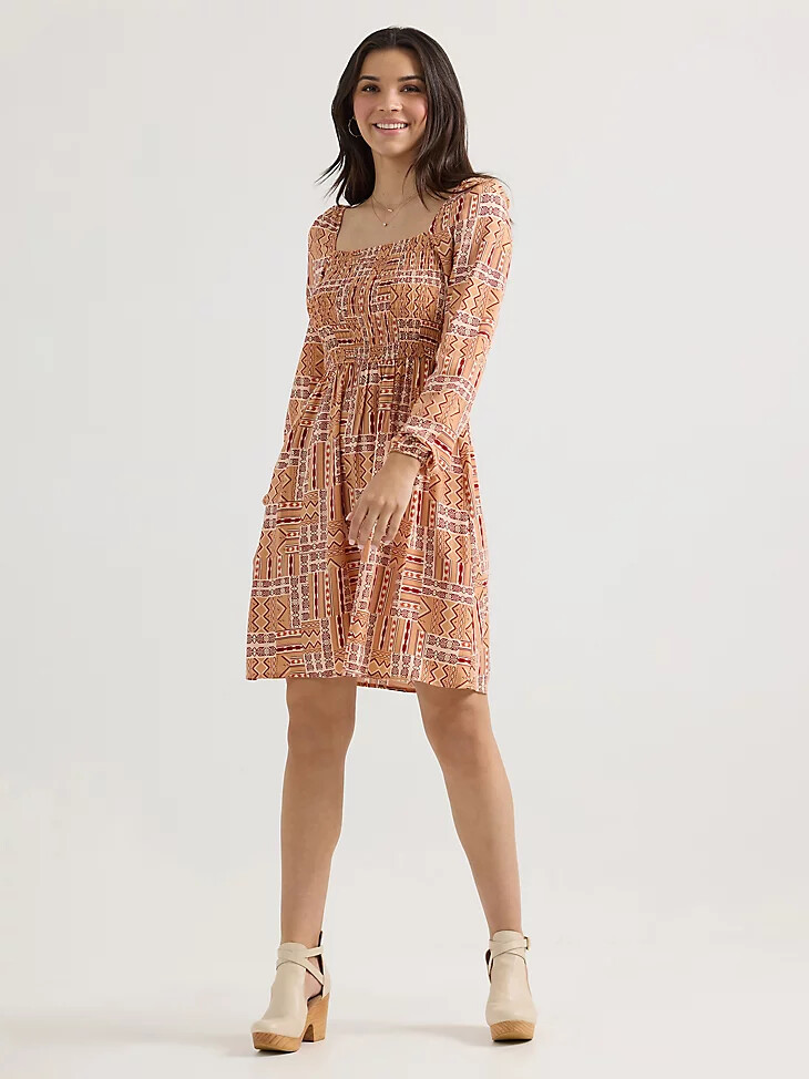 abito da donna con corpetto arricciato e linea ad a colore geo orange