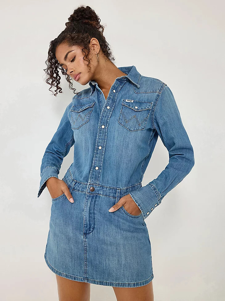 abito in denim a maniche lunghe da donna color blu marino