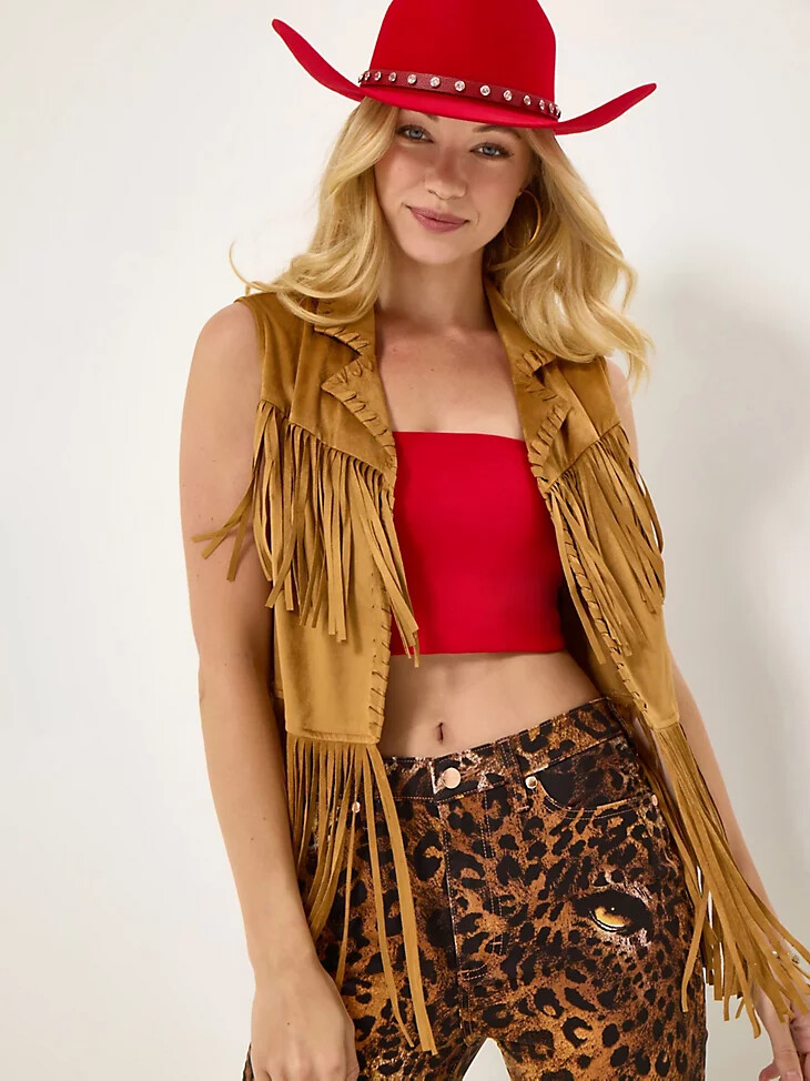 gilet con frange da festival wrangler x lainey wilson marrone osso