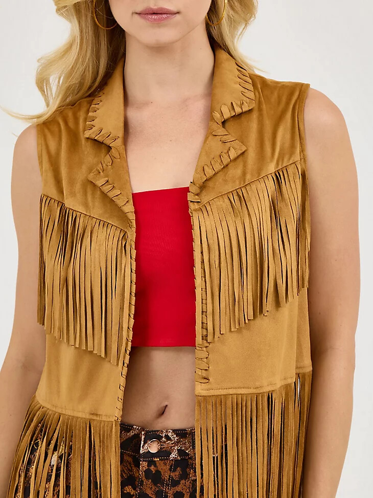 gilet con frange da festival wrangler x lainey wilson marrone osso