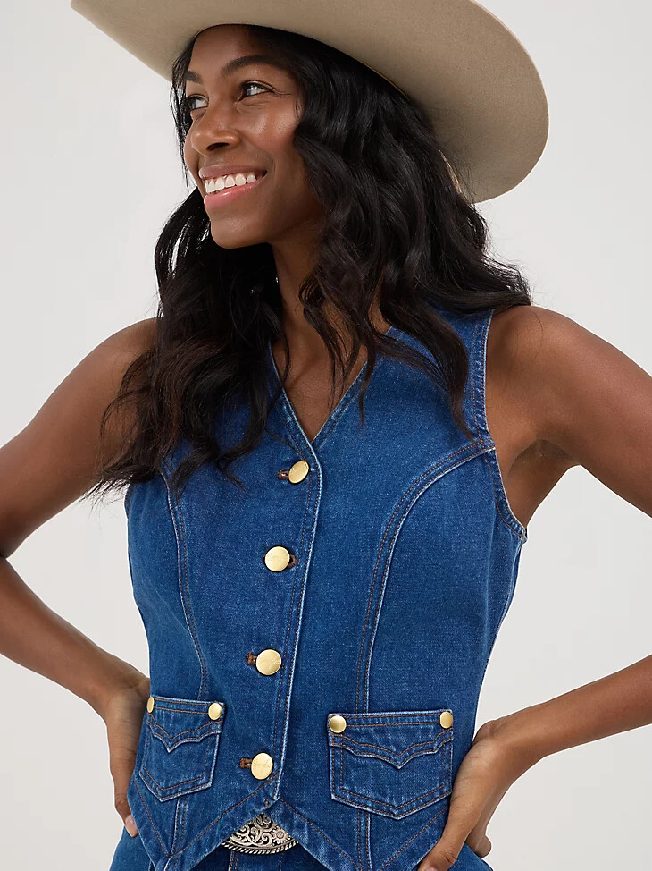 gilet in denim wrangler x yellow rose di kendra scott wrangler blue
