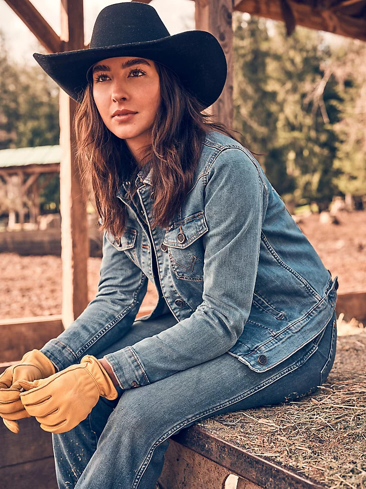 giacca in denim da donna a maniche lunghe vestibilità classica colore denim scuro