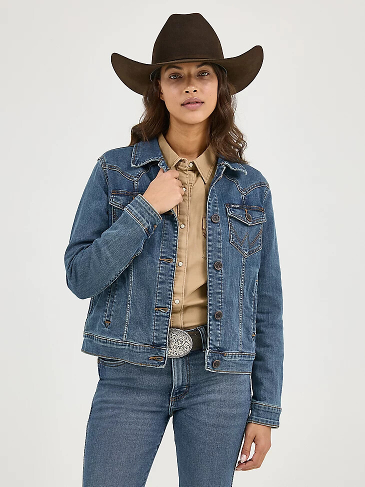 giacca in denim da donna a maniche lunghe vestibilità classica colore denim scuro