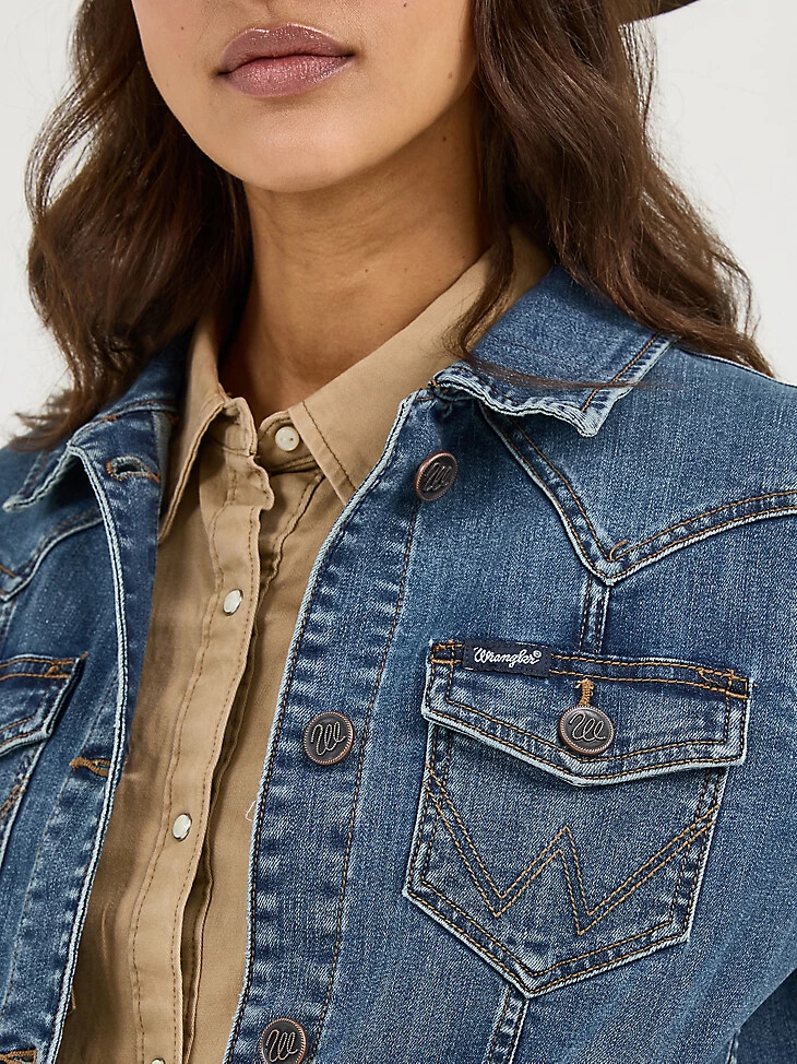 giacca in denim da donna a maniche lunghe vestibilità classica colore denim scuro