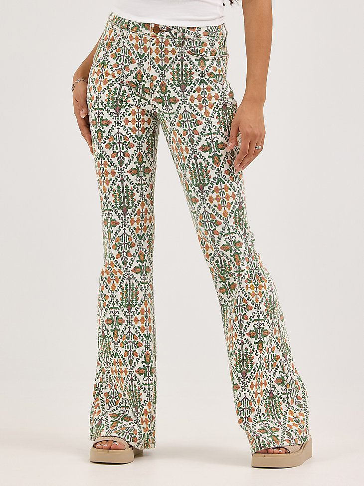 jeans da donna con stampa laser e svasatura fierce vintage garden