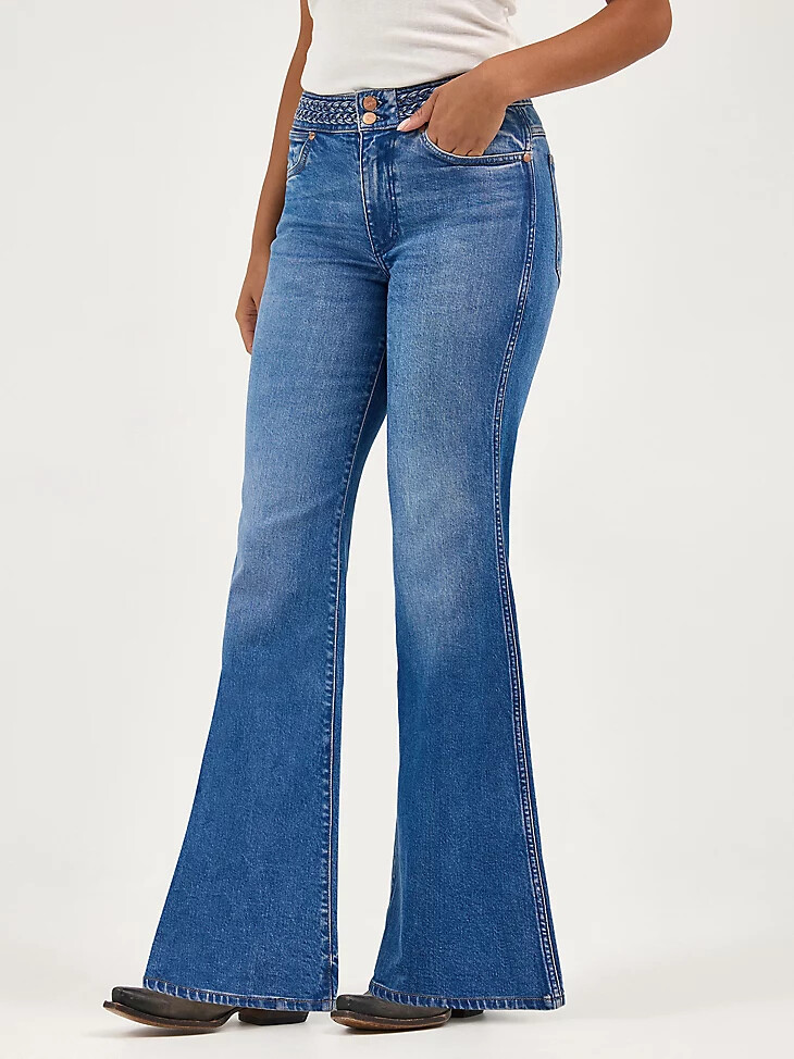 jeans a zampa intrecciati da donna color zaffiro morbido