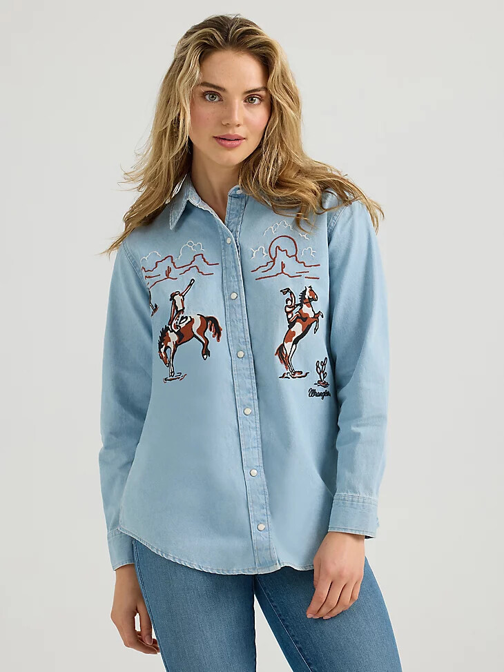 camicia da donna in denim con bottoni automatici e ricamo stile boyfriend western blu denim