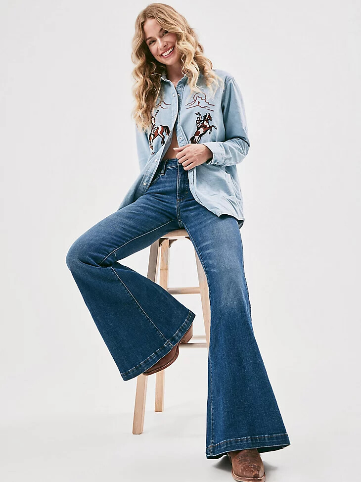 camicia da donna in denim con bottoni automatici e ricamo stile boyfriend western blu denim