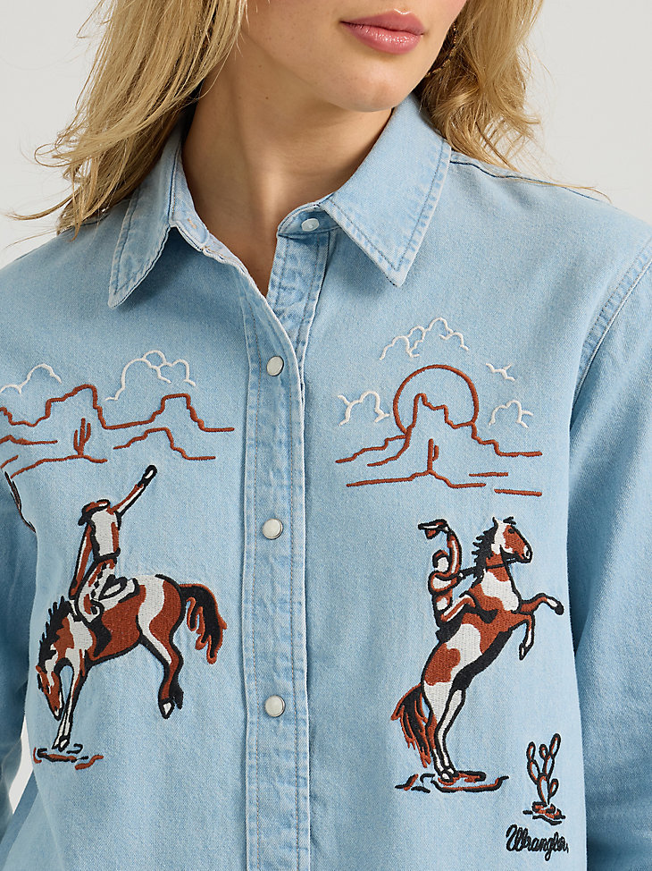 camicia da donna in denim con bottoni automatici e ricamo stile boyfriend western blu denim