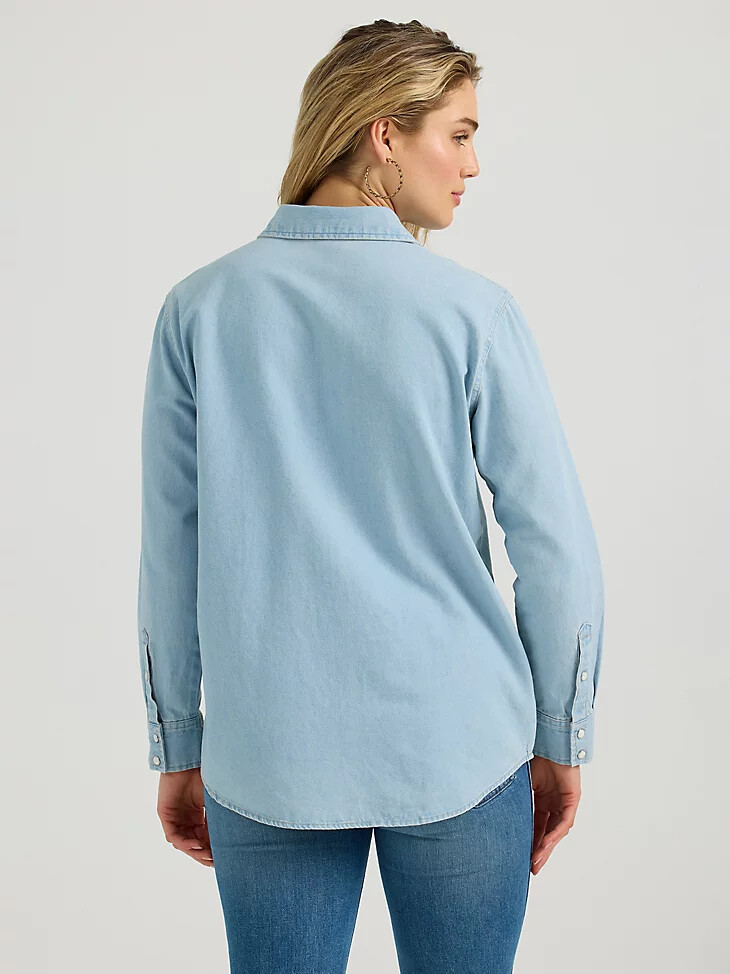 camicia da donna in denim con bottoni automatici e ricamo stile boyfriend western blu denim