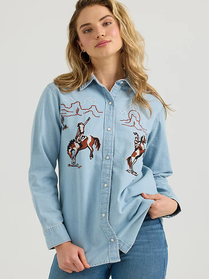 camicia da donna in denim con bottoni automatici e ricamo stile boyfriend western blu denim
