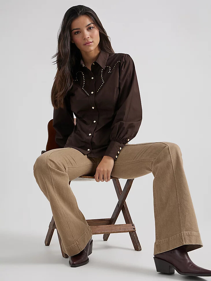 camicia rodeo wrangler x yellow rose di kendra scott colore talpa nero