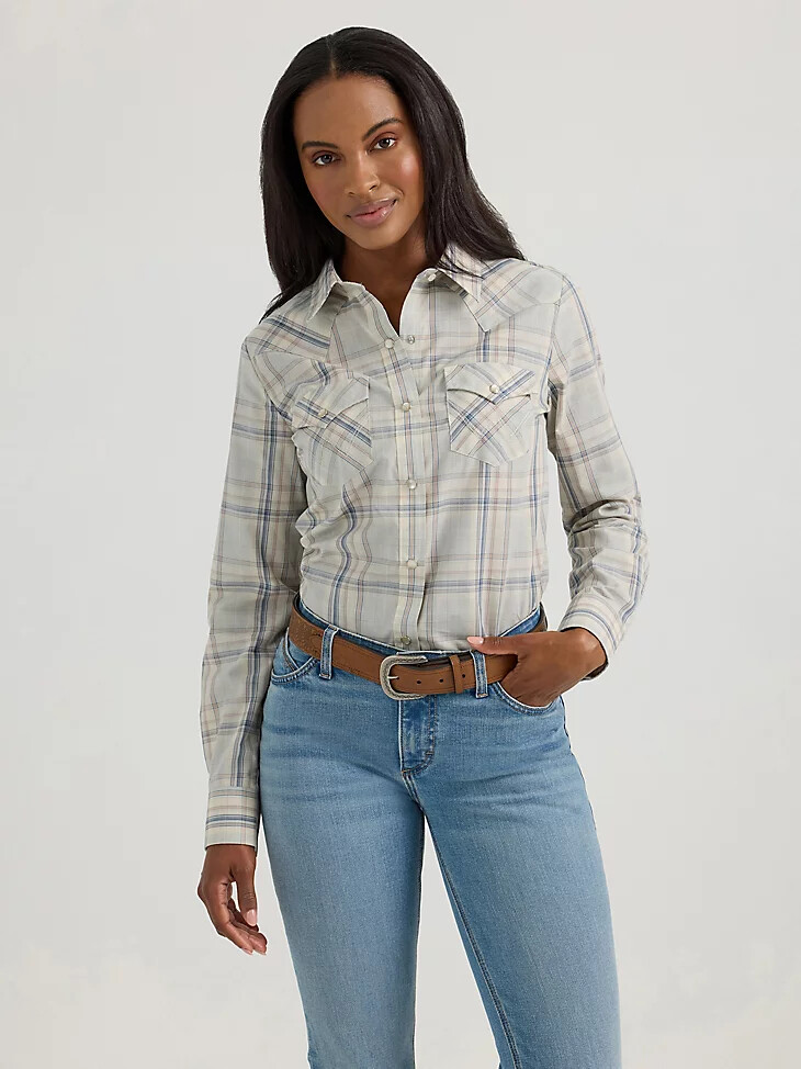 maglia a maniche lunghe scozzese western con bottoni automatici blu vaporoso da donna