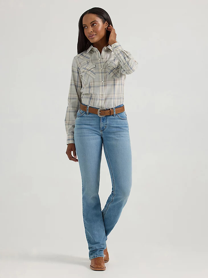 maglia a maniche lunghe scozzese western con bottoni automatici blu vaporoso da donna