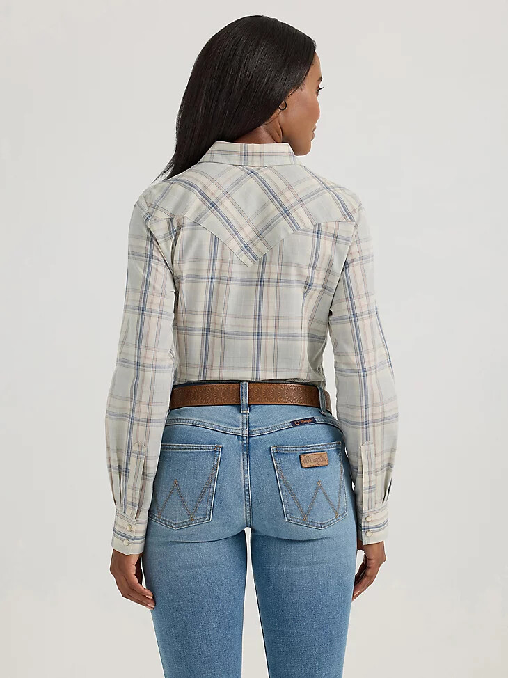 maglia a maniche lunghe scozzese western con bottoni automatici blu vaporoso da donna