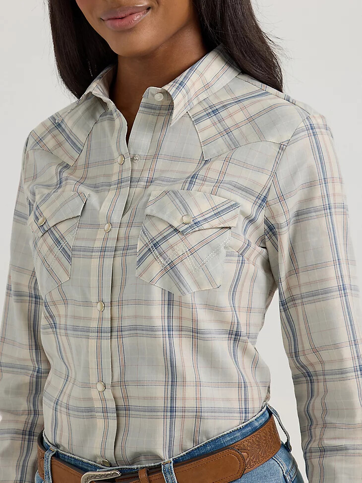 maglia a maniche lunghe scozzese western con bottoni automatici blu vaporoso da donna