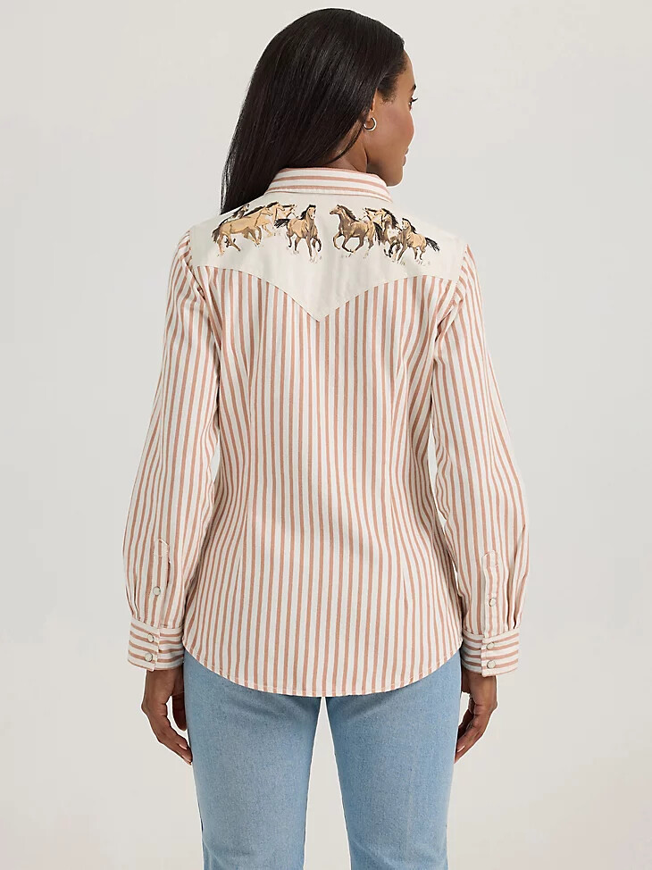 camicia da donna wrangler horse yoke slim western snap marrone chiaro