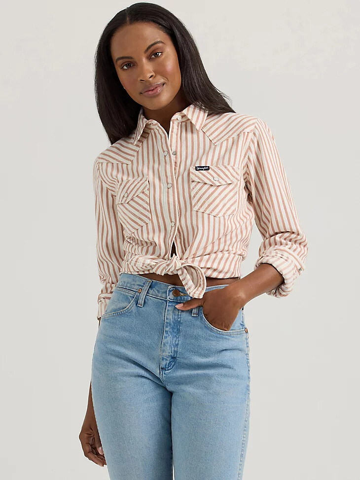 camicia da donna wrangler horse yoke slim western snap marrone chiaro