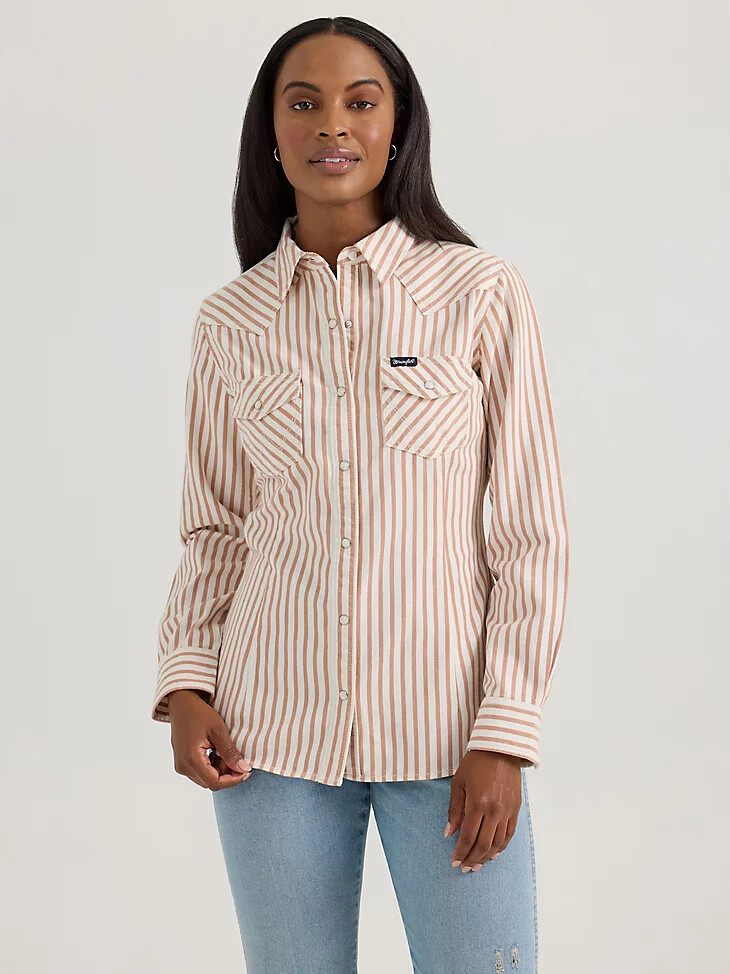 camicia da donna wrangler horse yoke slim western snap marrone chiaro