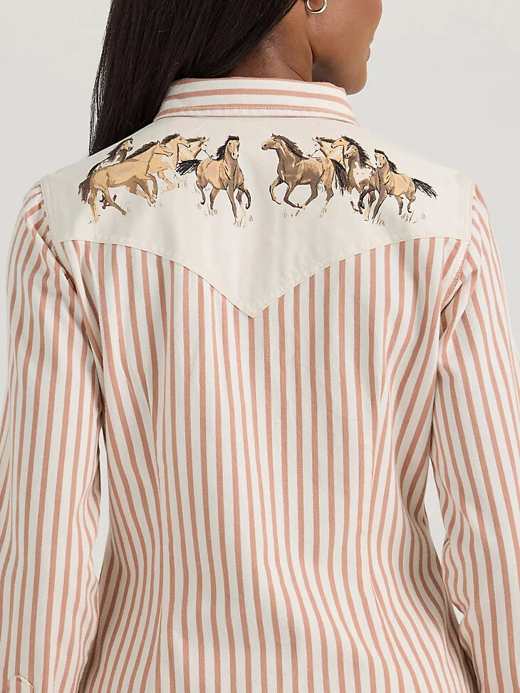 camicia da donna wrangler horse yoke slim western snap marrone chiaro