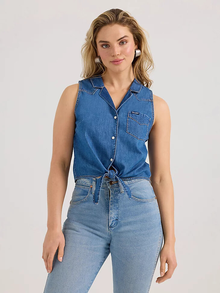 camicia da donna in denim senza maniche con nodo sul davanti lavaggio medio