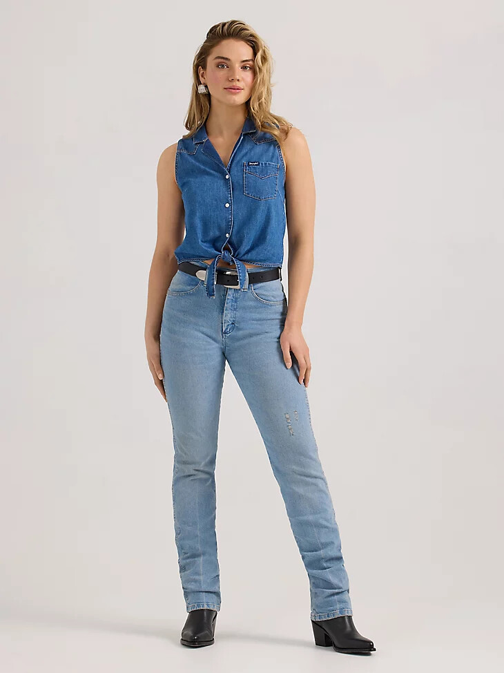 camicia da donna in denim senza maniche con nodo sul davanti lavaggio medio