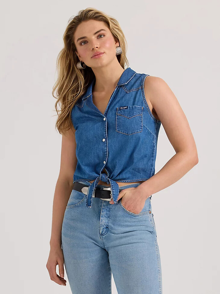camicia da donna in denim senza maniche con nodo sul davanti lavaggio medio