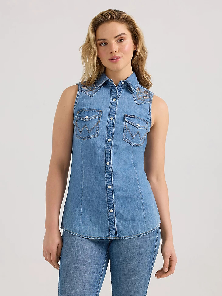 camicia senza maniche in denim con bottoni automatici lavaggio medio da donna wrangler embellished