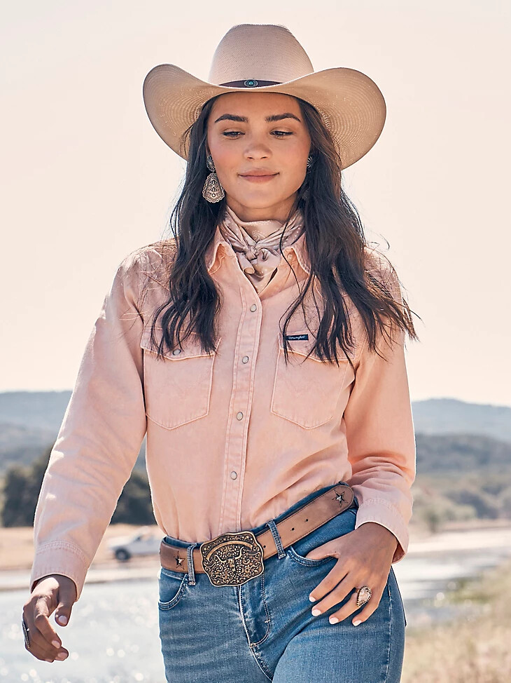 camicia da donna wrangler colorwash slim western snap rosa