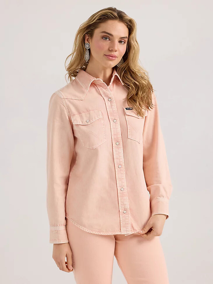 camicia da donna wrangler colorwash slim western snap rosa