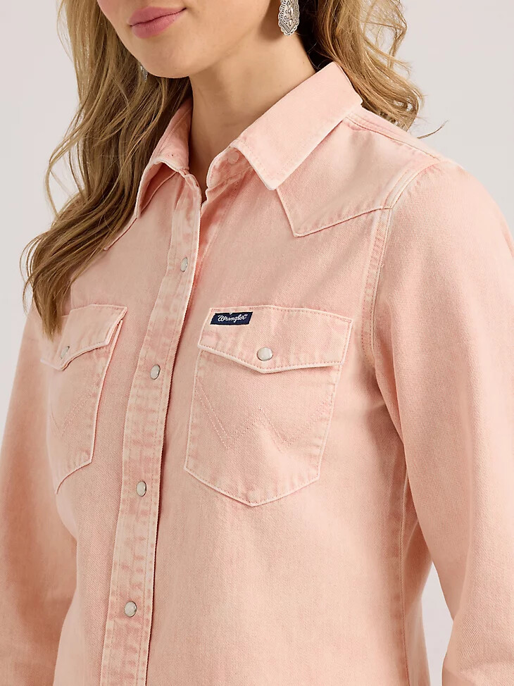 camicia da donna wrangler colorwash slim western snap rosa