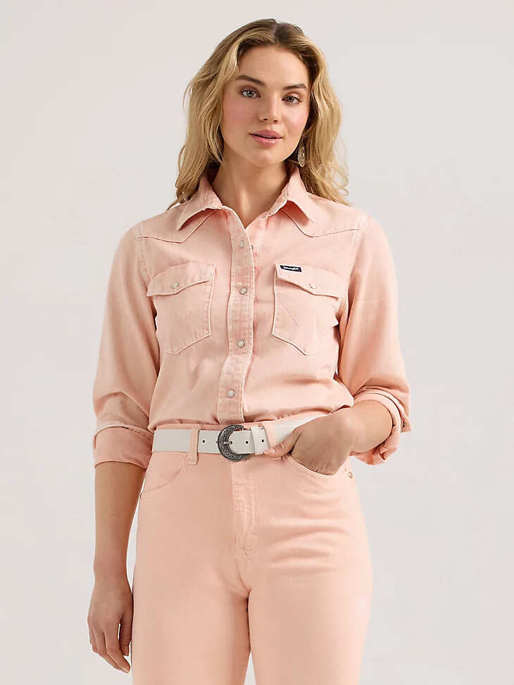 camicia da donna wrangler colorwash slim western snap rosa
