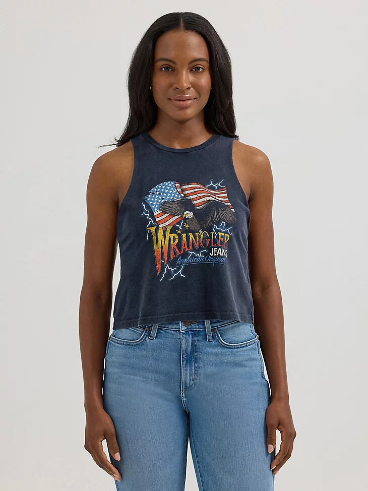 canotta da donna wrangler festival crop graphic neraaquila con bandiera