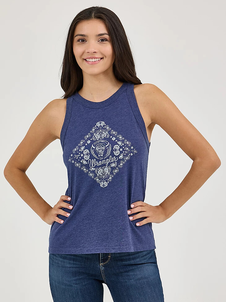 canotta da donna wrangler western graphic goddess colore blu navy e diamanti