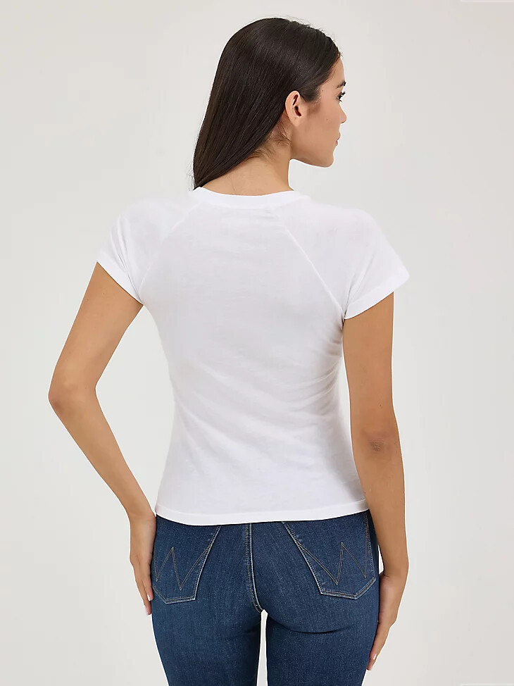 maglietta da donna wrangler shrunken western raglan lets go rodeobianco