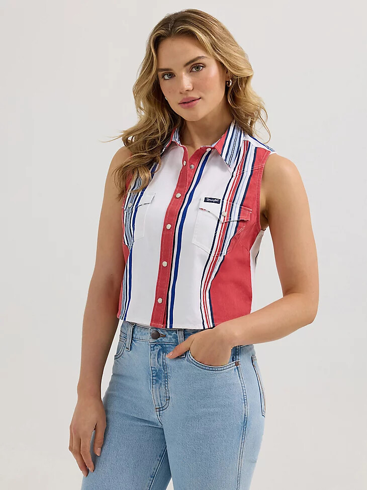 canotta da donna wrangler brushpopper stripe slim crop snap rossabiancablu