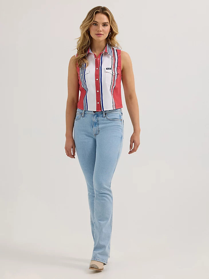 canotta da donna wrangler brushpopper stripe slim crop snap rossabiancablu