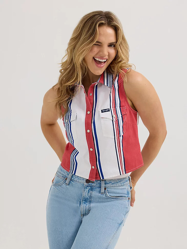 canotta da donna wrangler brushpopper stripe slim crop snap rossabiancablu