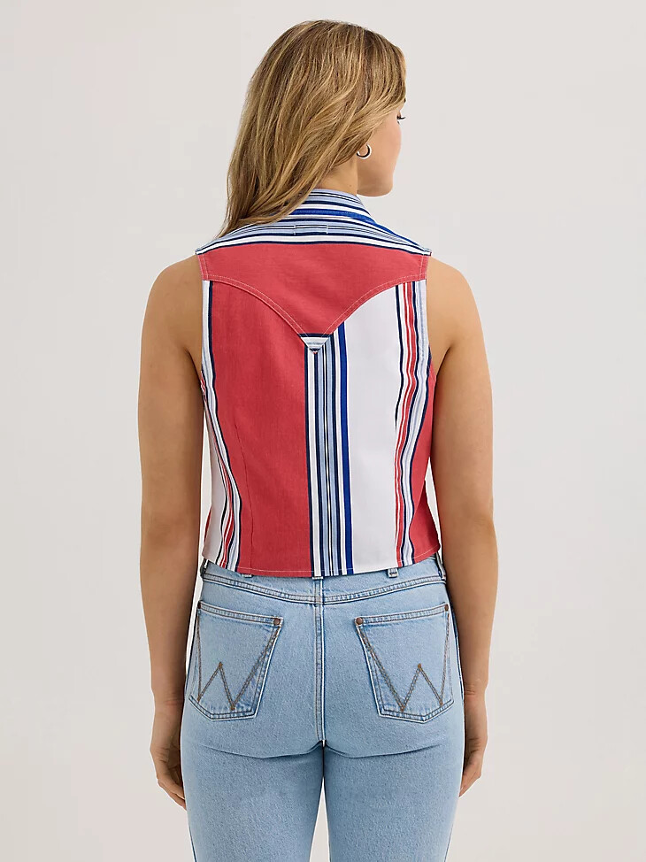 canotta da donna wrangler brushpopper stripe slim crop snap rossabiancablu