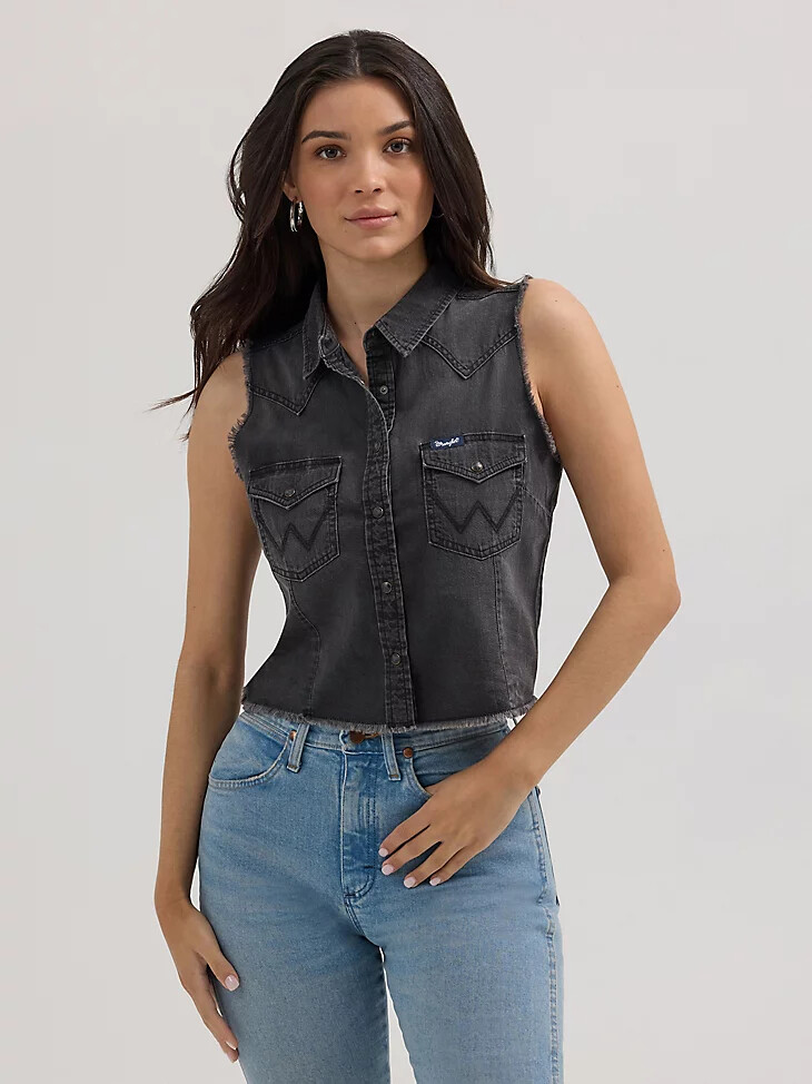 canotta da donna wrangler frayed denim crop western snap nera